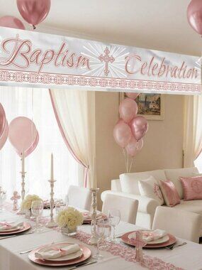 12ft Pink Foil Baptism Celebration Banner Radiant Cross Christening Party Decor